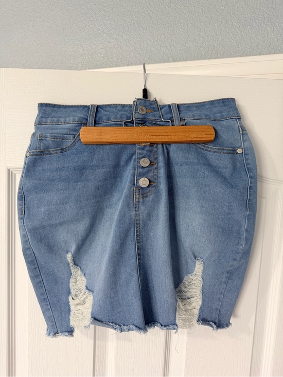 Guess Dresses & Skirts - {GUESS} Light Blue Wash Distressed Denim Mini Skirt - Front High Waisted Buttons